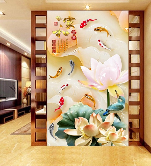 Bức tranh phong thủy hoa sen và cá chép - tranh gạch 3D
