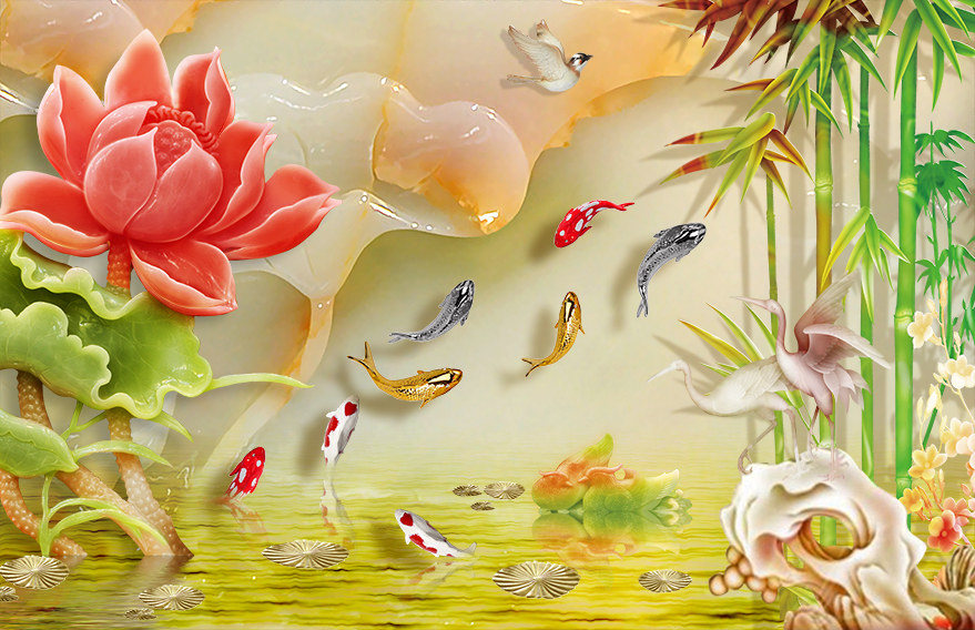 Tranh gạch hoa sen - cá chép trang trí phòng