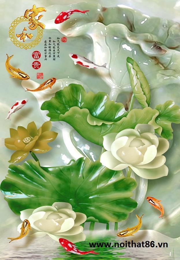 Tranh gạch 3D sứ ngọc hoa sen cá chép