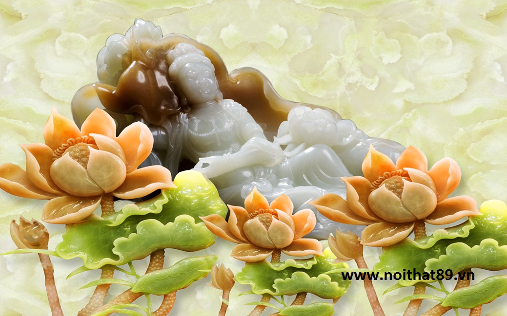 Tranh gạch men 3D sứ ngọc Phật bà ngồi bên hoa sen