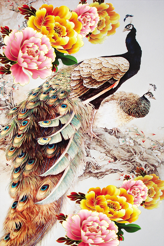 Tranh gạch 3D chim công hoa mẫu đơn