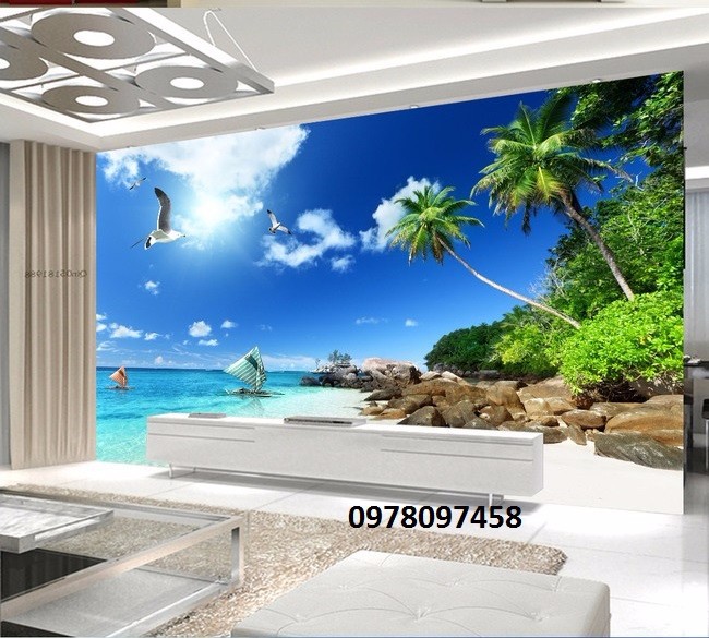 Tranh gạch 3D bãi biển cây dừa làm mát căn phòng của bạn
