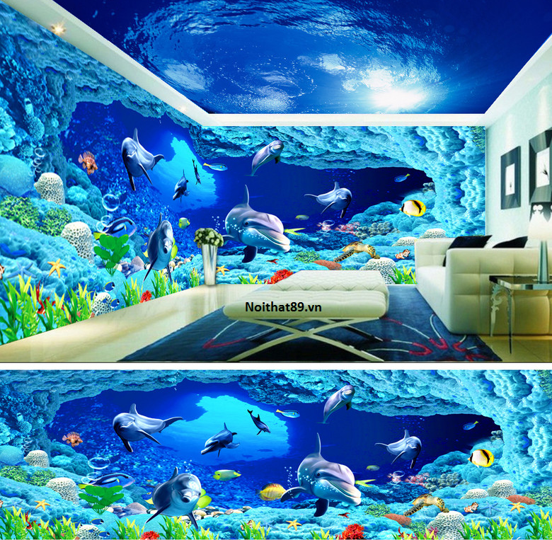 Gạch tranh 3D cá heo đại dương