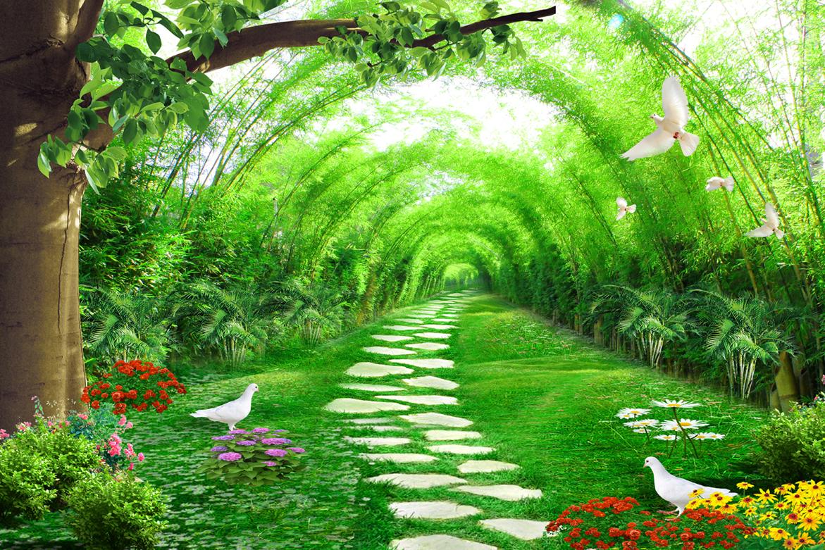 Tranh gạch men 3D khu vườn cỏ cây xanh