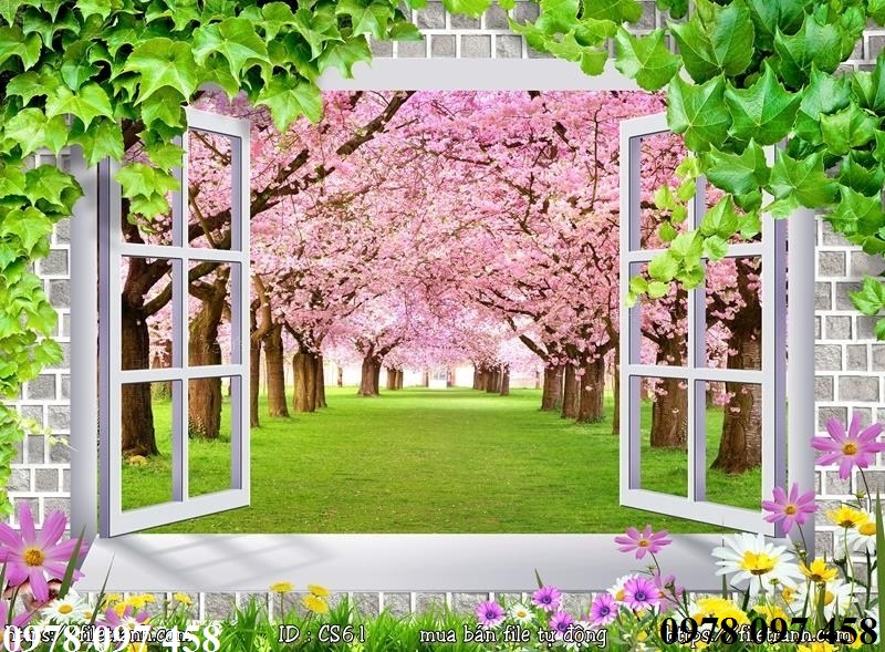 Tranh gạch vườn hoa cửa sổ 3D
