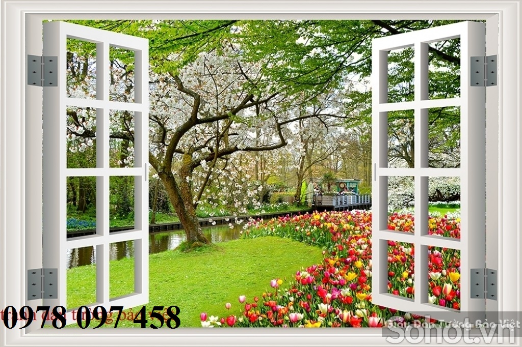 Tranh gạch 3D khung cửa sổ vườn hoa