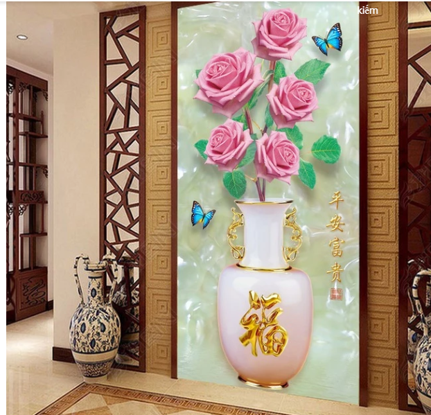 Tranh gạch men 3D bình hoa sứ ngọc hoa hồng