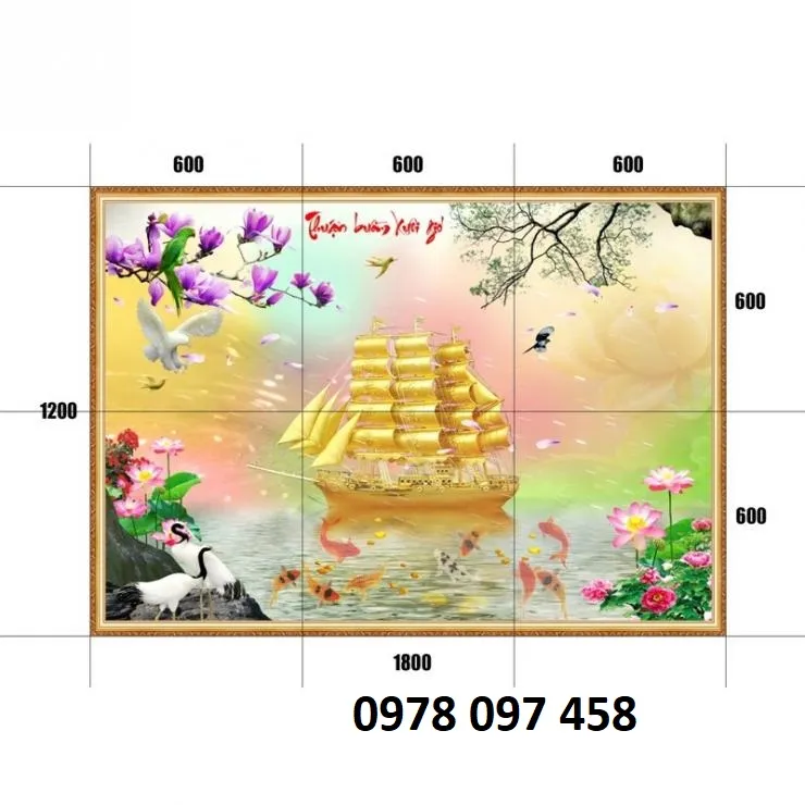 Tranh gạch họa tiết thuyền buồm vàng